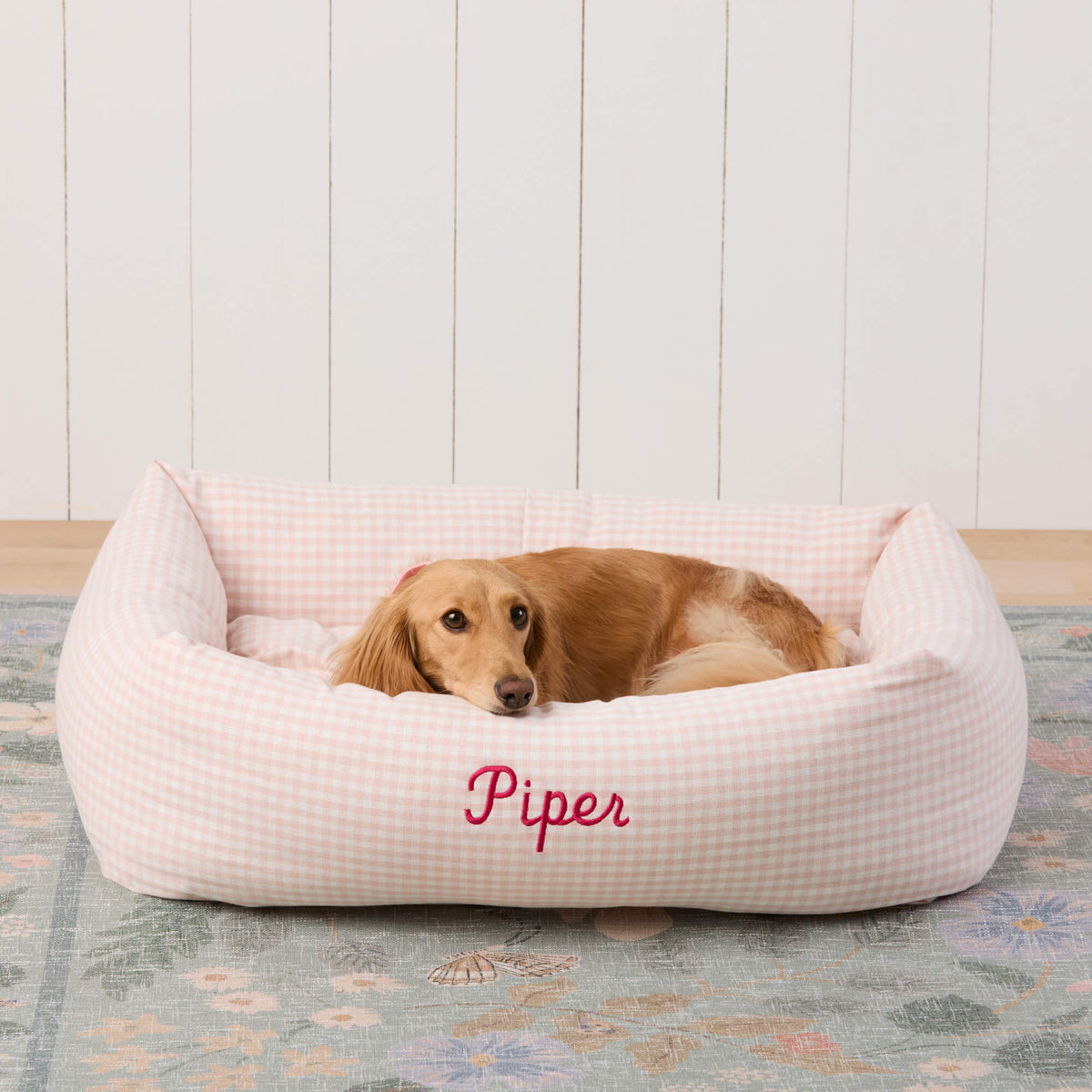 Blush Pink Gingham Bolster Dog Bed