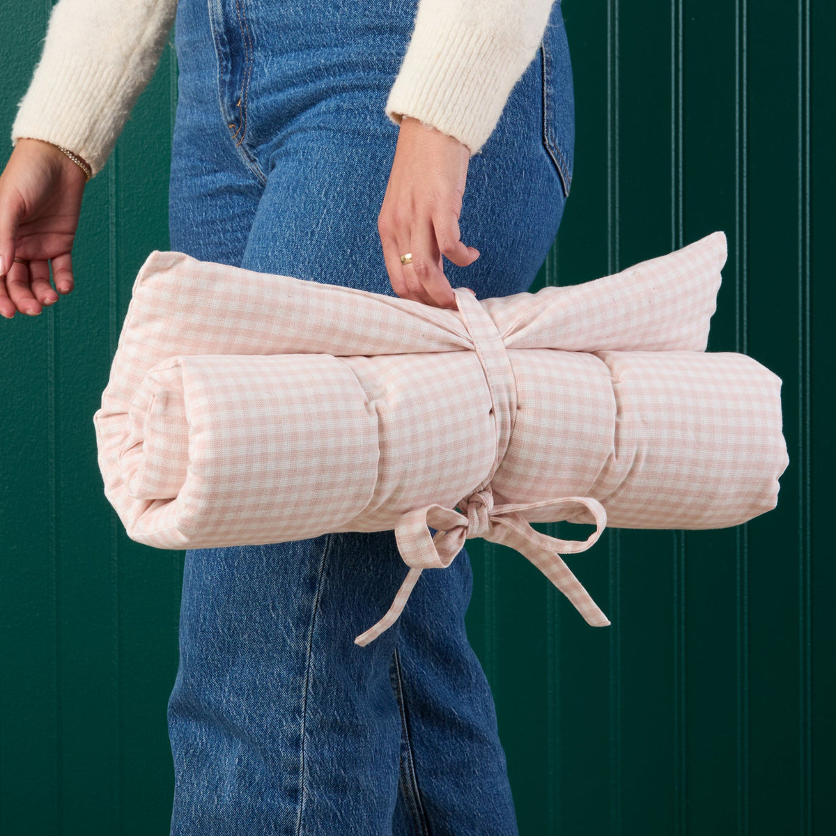 Blush Pink Gingham Bolster Dog Bed
